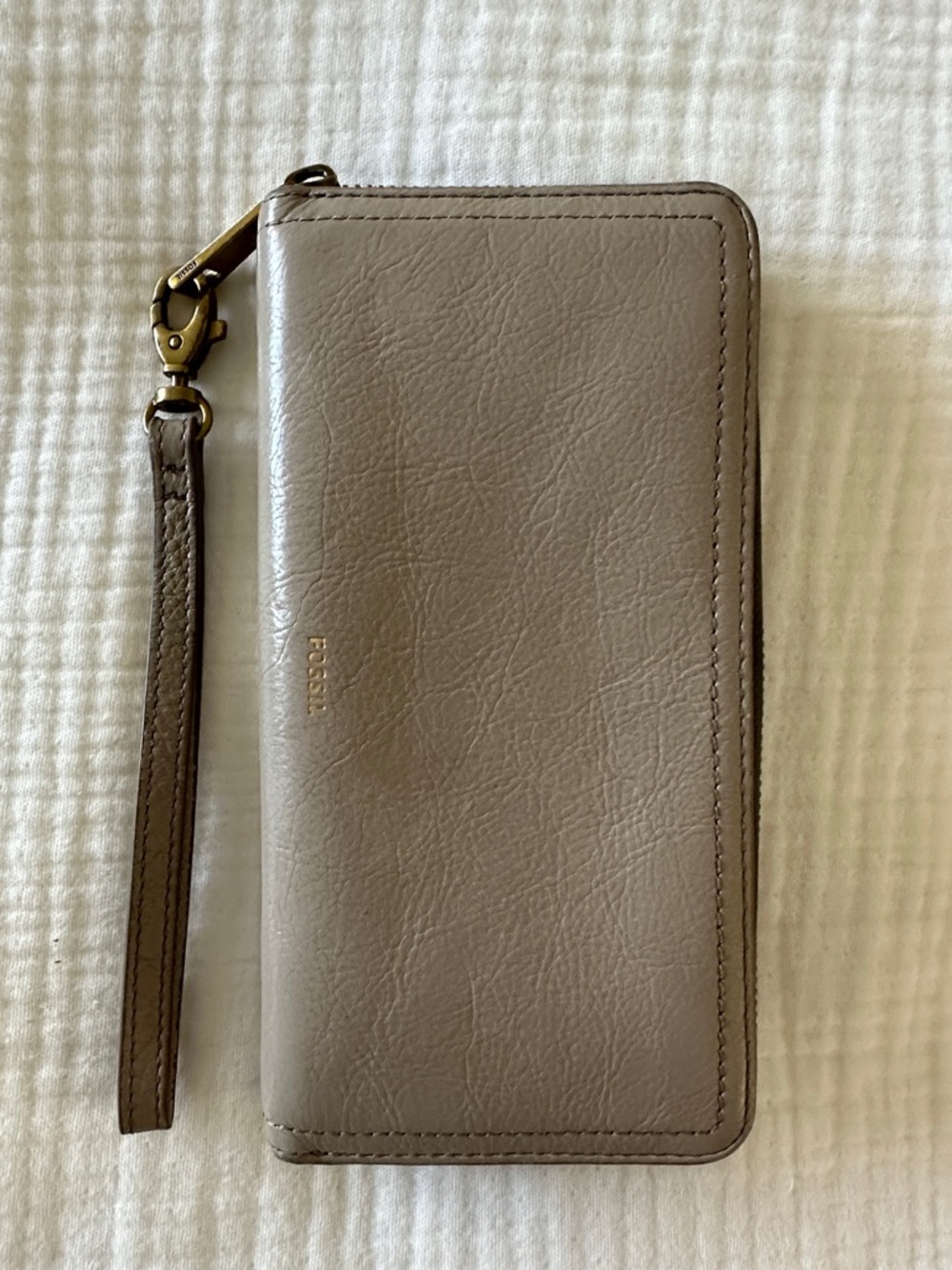 Fossil Taupe Leather Zip Wristlet Wallet with Gold Hardware